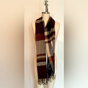 Plaid Cashmere Scarf in Taupes,Navy, Burgundy, and Cream
